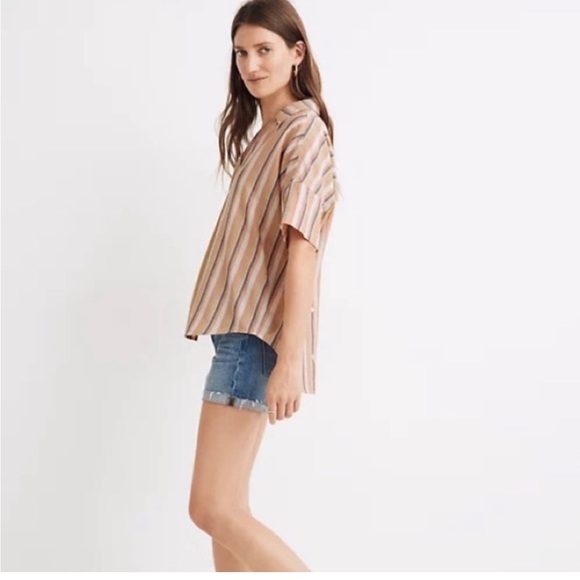 Madewell Courier short sleeve popover Button-Back Shirt Rainbow Stripe, size L - Picture 2 of 9